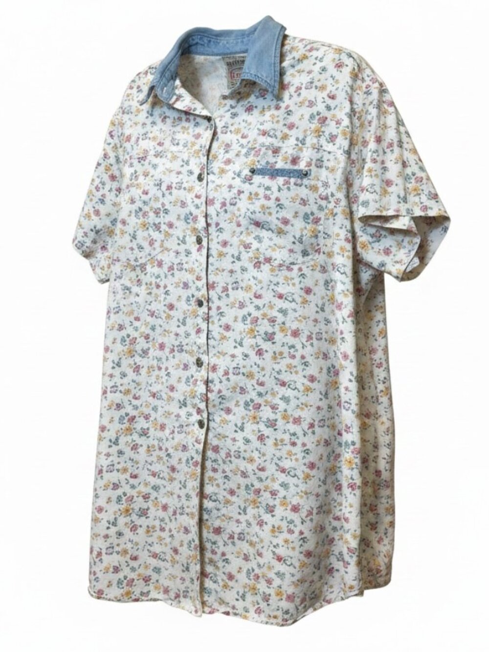 Vintage Ki Ko Mo Button Up Floral Top Blouse Denim Collar Flowers Size L Cottage